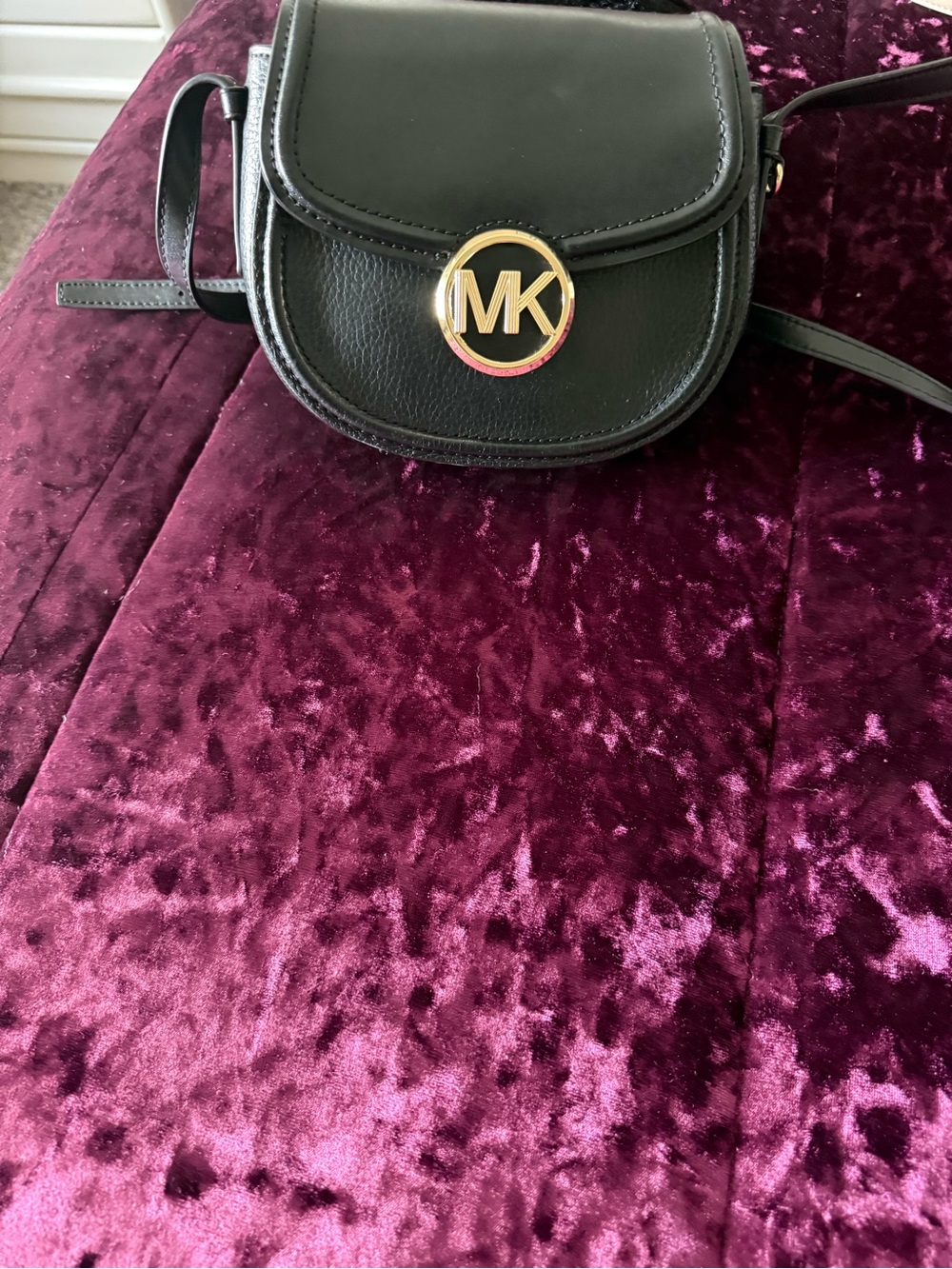 Michael Kors Black Leather Crossbody with Gold MK Emblem